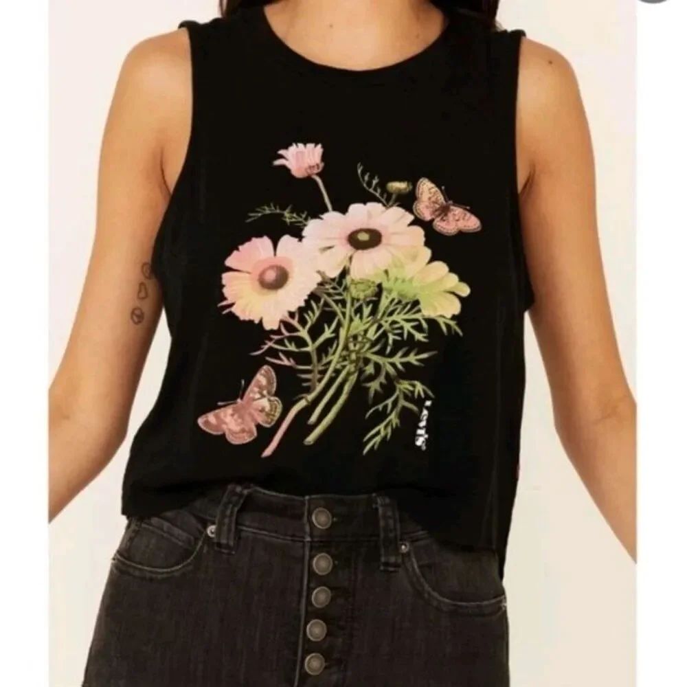 LEVI's Black Crop tank top large arm holes no sleeve flower butterfly MK initial